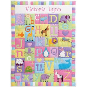 Let's Make Memories Personalized Baby Quilt - 3D Applique & Embroidered Name - Heirloom Keepsake for New Baby Shower - Textured Details - Alphabet & Animals - Nursery Decor - 42x32 - Pastel