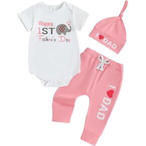 FIOMVA First Fathers Day Outfits Baby Girl Boy Short Sleeve Romper Onesie Long Pants Hat Set Newborn 1st Fathers Day Clothes