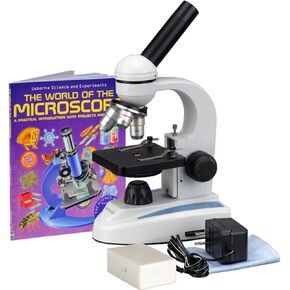 AmScope M149C-PB10-WM Compound Monocular Microscope, WF10x and WF25x Eyepieces, 40x-1000x Magnification, LED Illumination, Brightfield, Single-Lens Condenser, Plain Stage, 110V or Battery-Powered, Heavy-Duty Metal Frame, Includes 5 Blank Slides, 5 Prepare