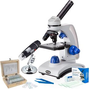 40X-1000X Portable Dual Light Metal Frame Microscope with 25-Piece Prepared Slides Set and Tweezers Plus Bonus Handheld Multi-USB Digital Microscope for PC and Android