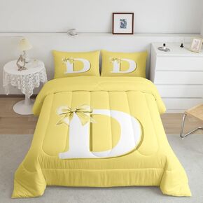 Yellow Bow Toddler Bedding Set for Teen Girls Floral Letter C Comforter Unique Coquette Aesthetic Bowknot Duvet Insert Groovy Spring Flower Bed Set with Stylish Floral Bow Design (C)