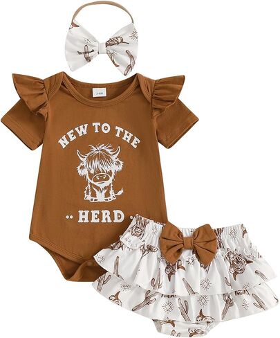 Kayotuas Western Baby Girl Clothes Summer Cowgirl Outfits My First Rodeo Romper Cow Print Bloomer Shorts Headband 3 Piece Set in Saudi Arabia
