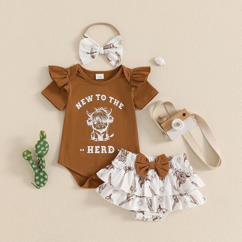Kayotuas Western Baby Girl Clothes Summer Cowgirl Outfits My First Rodeo Romper Cow Print Bloomer Shorts Headband 3 Piece Set in Saudi Arabia