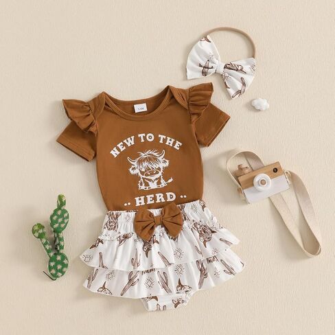 Kayotuas Western Baby Girl Clothes Summer Cowgirl Outfits My First Rodeo Romper Cow Print Bloomer Shorts Headband 3 Piece Set in Saudi Arabia