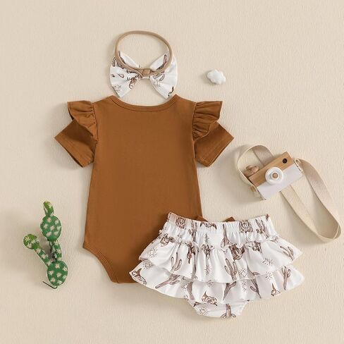Kayotuas Western Baby Girl Clothes Summer Cowgirl Outfits My First Rodeo Romper Cow Print Bloomer Shorts Headband 3 Piece Set in Saudi Arabia