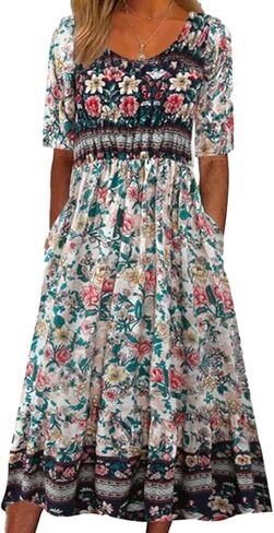 Geleglaer Women's Boho Floral Maxi Dress Summer Casual Crew Neck Short Sleeve Dress Flowy Bohemian Tshirt Dress with Pockets in Saudi Arabia