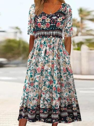 Geleglaer Women's Boho Floral Maxi Dress Summer Casual Crew Neck Short Sleeve Dress Flowy Bohemian Tshirt Dress with Pockets in Saudi Arabia