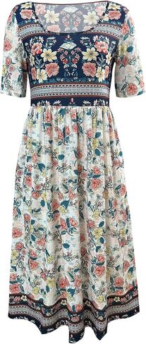 Geleglaer Women's Boho Floral Maxi Dress Summer Casual Crew Neck Short Sleeve Dress Flowy Bohemian Tshirt Dress with Pockets in Saudi Arabia