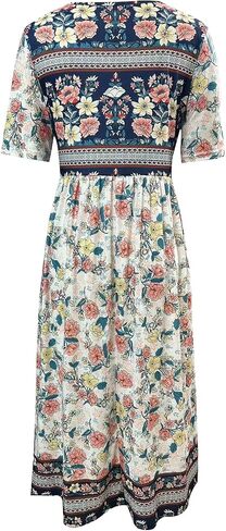 Geleglaer Women's Boho Floral Maxi Dress Summer Casual Crew Neck Short Sleeve Dress Flowy Bohemian Tshirt Dress with Pockets in Saudi Arabia