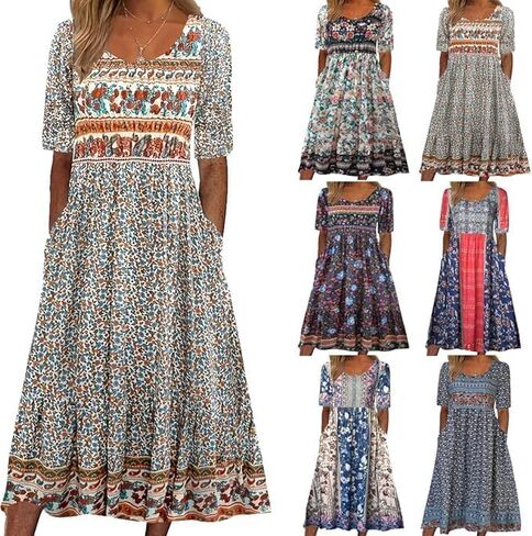 Geleglaer Women's Boho Floral Maxi Dress Summer Casual Crew Neck Short Sleeve Dress Flowy Bohemian Tshirt Dress with Pockets in Saudi Arabia