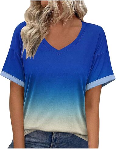 Womens Summer Tops Gradient Short Sleeve Blouses Sexy V Neck T Shirts Beach Vacation Clothes Dressy Casual Tees 2025 in Saudi Arabia