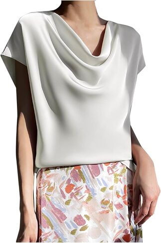 Women's Round Necked Satin Shirt, Solid Color Loose Casual Short Sleeved Top Business Casual Elegant Blouses in Saudi Arabia