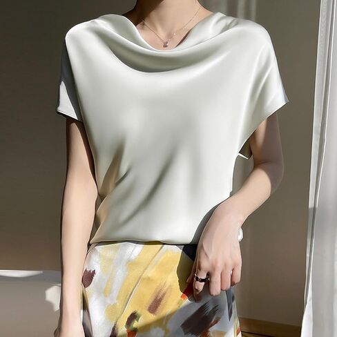 Women's Round Necked Satin Shirt, Solid Color Loose Casual Short Sleeved Top Business Casual Elegant Blouses in Saudi Arabia
