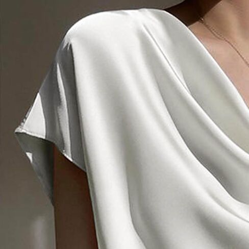 Women's Round Necked Satin Shirt, Solid Color Loose Casual Short Sleeved Top Business Casual Elegant Blouses in Saudi Arabia