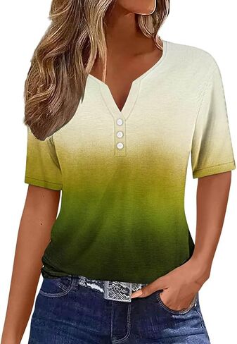 قمم الصيف للنساء 2025 زر V Neck Boho القمصان قصيرة الأكمام in Saudi Arabia