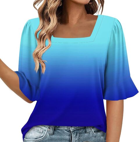 Short Sleeve Shirts for Women Casual Square Neck Fashion Gradient Color T-Shirts Summer Trendy Loose Plus Size Tops in Saudi Arabia