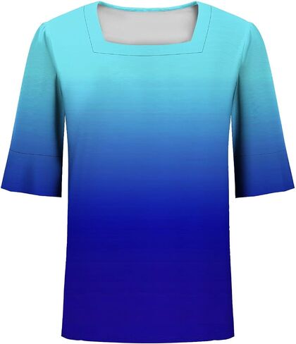 Short Sleeve Shirts for Women Casual Square Neck Fashion Gradient Color T-Shirts Summer Trendy Loose Plus Size Tops in Saudi Arabia