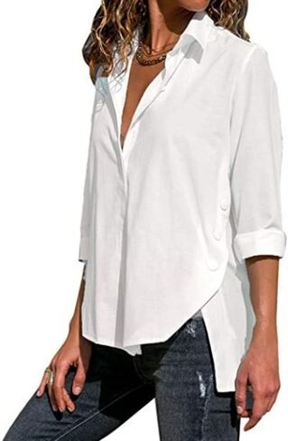 Womens Side Slit Buttons Irregular Shirts Long Sleeve V Neck Lapel Blouses Solid Color Loose Chiffon Shirt Tops in Saudi Arabia