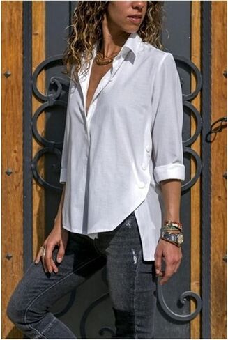 Womens Side Slit Buttons Irregular Shirts Long Sleeve V Neck Lapel Blouses Solid Color Loose Chiffon Shirt Tops in Saudi Arabia