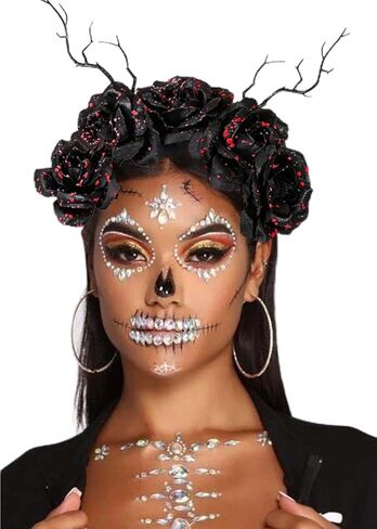 Bufenia Halloween Headband Day of the Dead Head Piece Floral Crown Headbands Gothic Hair Band Mexican Flower Headpiece Costume Cosplay for Women and Girls (Skull 2) in Kuwait