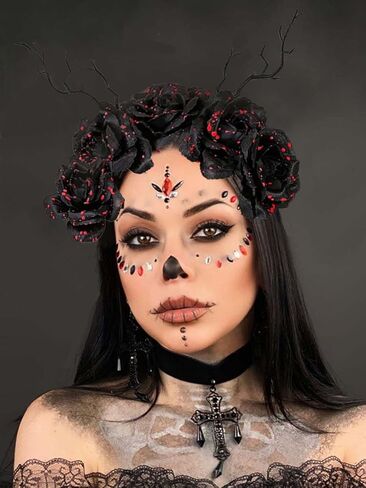 Bufenia Halloween Headband Day of the Dead Head Piece Floral Crown Headbands Gothic Hair Band Mexican Flower Headpiece Costume Cosplay for Women and Girls (Skull 2) in Kuwait