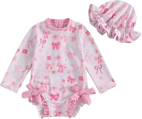 Baby Girls قطعة واحدة طويلة الأكمام التستر مع القبعة القوس print الكشكشة Ruched Rash Guard Beach Sportwear in Kuwait