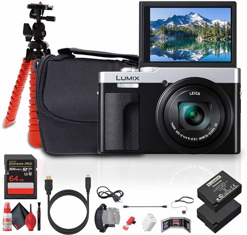 Panasonic ZS99 Point and Shoot Compact Travel Digital Camera (Silver) (DC-ZS99S) + 64GB Memory Card + DMW-BLG10 Battery + Camera Bag + Flexible Tripod + USB-C Cable + Cleaning Kit + More in Saudi Arabia