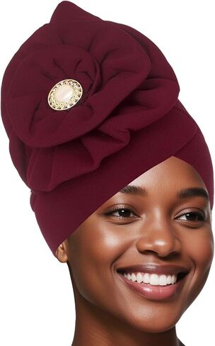 Bohend African Big Flower Rhinestone Turban Cap Muslim Pre Tied Beanie Headwrap Bonnet Stretch Pleated Women Headscarf Hat in Kuwait