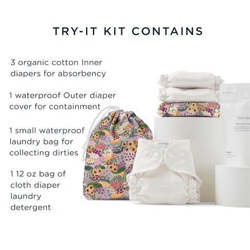 Esembly Try-It Kit - Cloth Diaper Starter Set with Organic Cotton Diapers, Waterproof Diaper Cover, Wet Bag, and Laundry Detergent - Fantastic Fungi, Size 1 (7-18lbs) in Kuwait