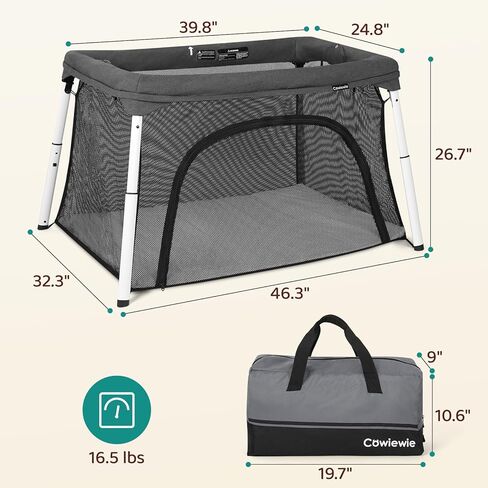 سرير أطفال للسفر وساحة لعب من Cowiewie، سرير أطفال محمول قابل للطي للأطفال الرضع والأطفال الصغار من سن 1 إلى 3 سنوات، روضة أطفال قابلة للتنفس وقابلة للغسل مع مرتبة مقاومة للماء، حقيبة ظهر صغيرة الحجم للسفر - رمادي داكن in Kuwait