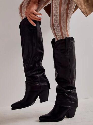 KaroNairy Slouchy Knee High Boots for Women Faux Suede Pointed Toe Cowboy Cowgirl Boots Pull on Denim Fall Shark Boots in Saudi Arabia
