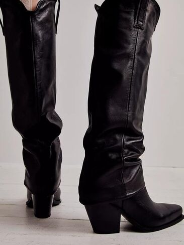 KaroNairy Slouchy Knee High Boots for Women Faux Suede Pointed Toe Cowboy Cowgirl Boots Pull on Denim Fall Shark Boots in Saudi Arabia