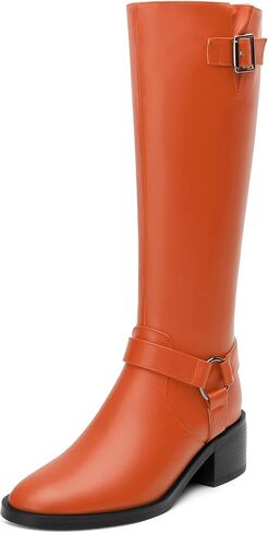 Women's Knee-High Boots, Round Toe Low Heel Knee High Boots for Women, Fashion Side Zip Knee High Bootie, Buckle Solid Knee High Boot for Daily Office Party in Kuwait