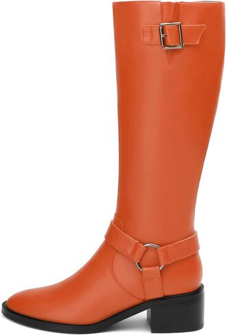 Women's Knee-High Boots, Round Toe Low Heel Knee High Boots for Women, Fashion Side Zip Knee High Bootie, Buckle Solid Knee High Boot for Daily Office Party in Kuwait
