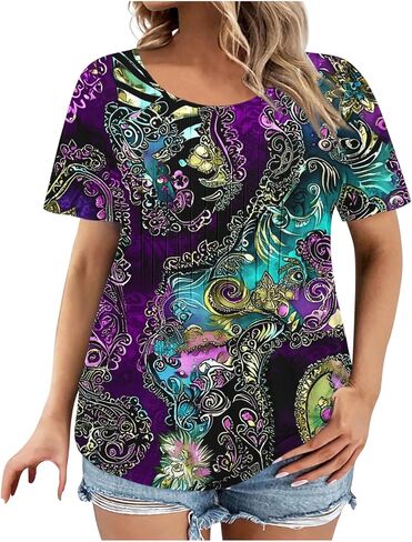 Womens Short Sleeve Tops Dressy Casual Summer Plus Size Tunic Shirt Pleated Blouse Elegant Trendy Fahsion Tshirt in Saudi Arabia