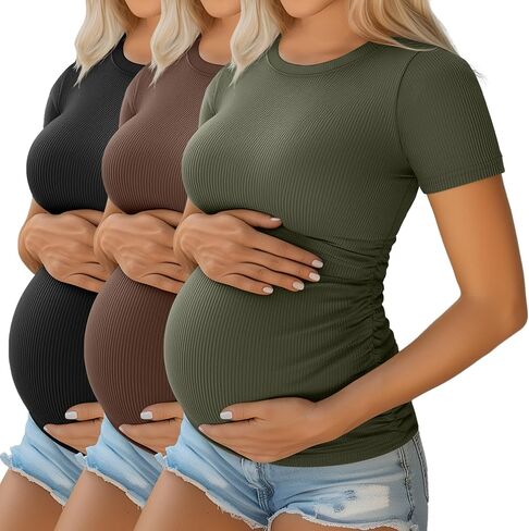 Ficerd 3 حزمة قمصان الأمومة النسائية القطن القطن القصير الحمل قمم الحمل الجانب Ruched مضلعة ماما ماما المحملات in Saudi Arabia