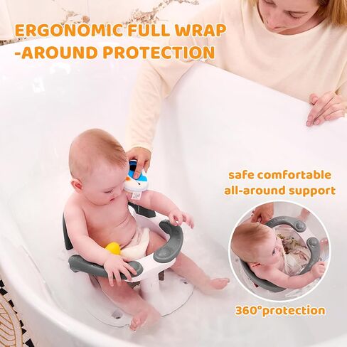 مقعد حمام الطفل للأطفال لمدة 6 أشهر وأعلى جالسًا ، مقعد حمام للرضع مع تنبيه درجة الحرارة+مسند الظهر المفتوح+مسند الذراع ، كرسي حمام الطفل على حوض الاستحمام ، الحوض ، بالوعة رمادي in Kuwait