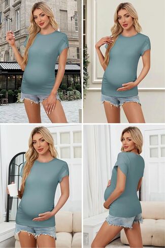OUGES 3 Pack Women's Maternity Shirts/Tops Crew Neck Short Petal Sleeve Casual Fashion Tee Side Ruched Pregnancy Clothes in Saudi Arabia