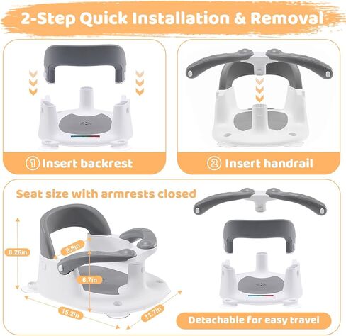 مقعد حمام الطفل للأطفال لمدة 6 أشهر وأعلى جالسًا ، مقعد حمام للرضع مع تنبيه درجة الحرارة+مسند الظهر المفتوح+مسند الذراع ، كرسي حمام الطفل على حوض الاستحمام ، الحوض ، بالوعة رمادي in Kuwait