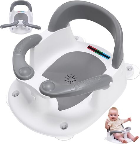 مقعد حمام الطفل للأطفال لمدة 6 أشهر وأعلى جالسًا ، مقعد حمام للرضع مع تنبيه درجة الحرارة+مسند الظهر المفتوح+مسند الذراع ، كرسي حمام الطفل على حوض الاستحمام ، الحوض ، بالوعة رمادي in Kuwait