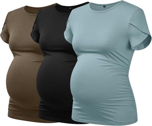 OUGES 3 Pack Women's Maternity Shirts/Tops Crew Neck Short Petal Sleeve Casual Fashion Tee Side Ruched Pregnancy Clothes in Saudi Arabia