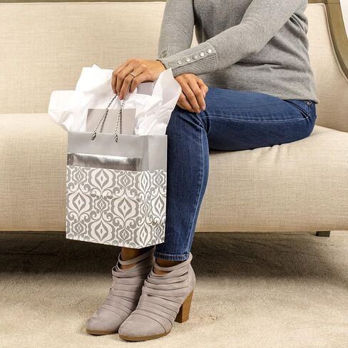 Hallmark 13" Large Gift Bag with Tissue Paper (Silver Damask) for Weddings, Engagements, Bridal Showers, and More in Saudi Arabia