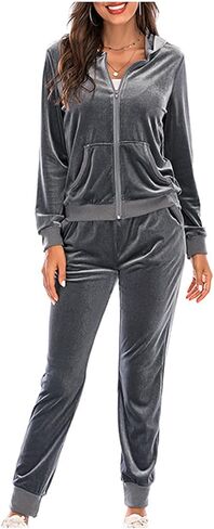 Womens Velvet Two Piece Sets Casual Velour Tracksuit Set Full Zip Hoodies Sweatshirt and Jogger Pants Lounge Outfits in Saudi Arabia