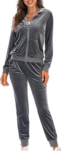 Womens Velvet Two Piece Sets Casual Velour Tracksuit Set Full Zip Hoodies Sweatshirt and Jogger Pants Lounge Outfits in Saudi Arabia