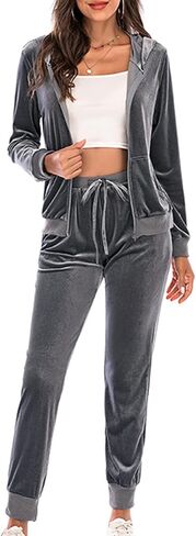 Womens Velvet Two Piece Sets Casual Velour Tracksuit Set Full Zip Hoodies Sweatshirt and Jogger Pants Lounge Outfits in Saudi Arabia