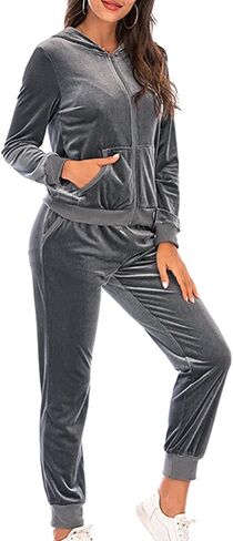 Womens Velvet Two Piece Sets Casual Velour Tracksuit Set Full Zip Hoodies Sweatshirt and Jogger Pants Lounge Outfits in Saudi Arabia