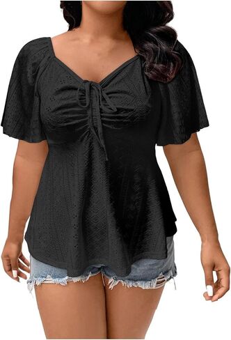 Womens Plus Size Tops Sweetheart Neck Short Sleeve Eyelet Embroidery Summer Loose Peplum Shirts(1X-5X) in Saudi Arabia