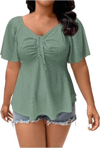 Womens Plus Size Tops Sweetheart Neck Short Sleeve Eyelet Embroidery Summer Loose Peplum Shirts(1X-5X) in Saudi Arabia