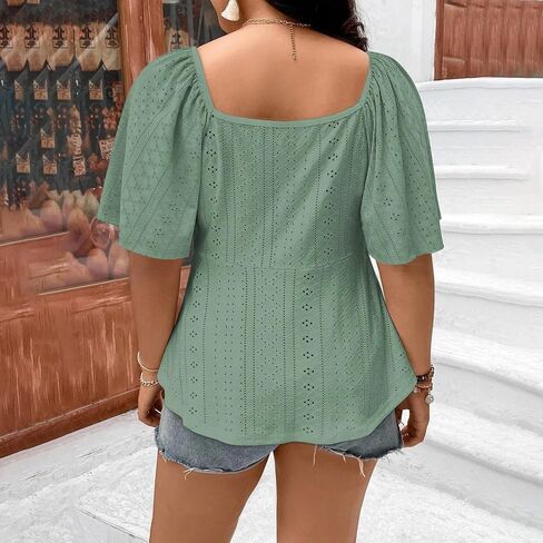 Womens Plus Size Tops Sweetheart Neck Short Sleeve Eyelet Embroidery Summer Loose Peplum Shirts(1X-5X) in Saudi Arabia