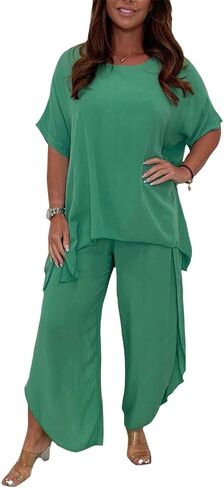Womens Cotton Linen 2 Piece Sets Short Sleeve Loose High Low T Shirt Wide Leg Capri Pants Suit in Saudi Arabia
